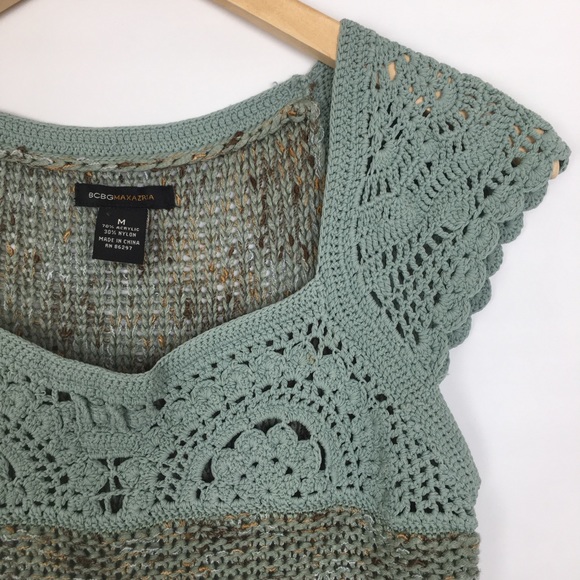 BCBGMaxAzaria Crochet Tunic Dress Mini Dress Green Knit Cap Sleeves - Picture 3 of 8